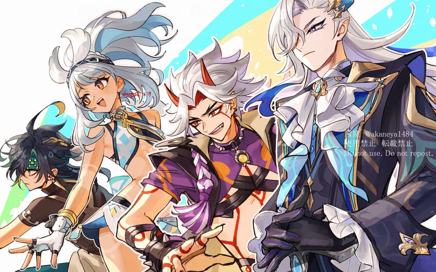 neuvillette, arataki itto, mualani, and kinich (genshin impact) drawn by ojo_aa