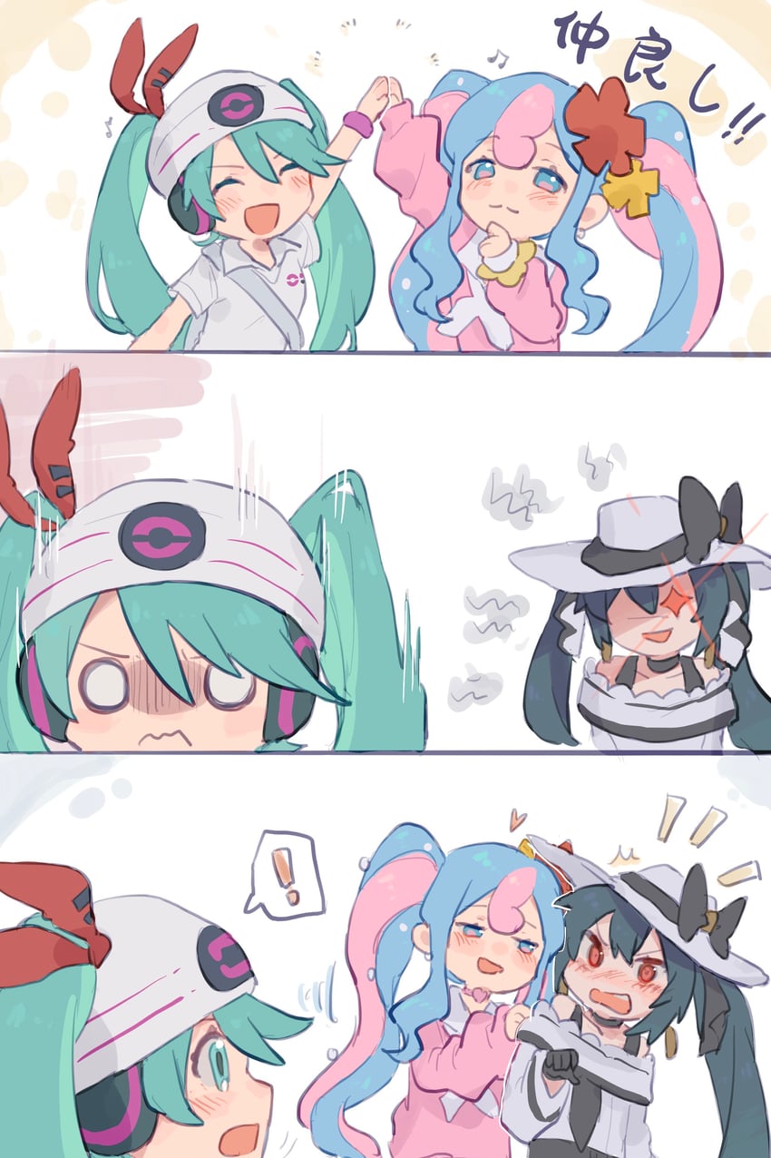 hatsune miku, fairy miku, psychic miku, and dark miku (pokemon and 2 more) drawn by rddumpling