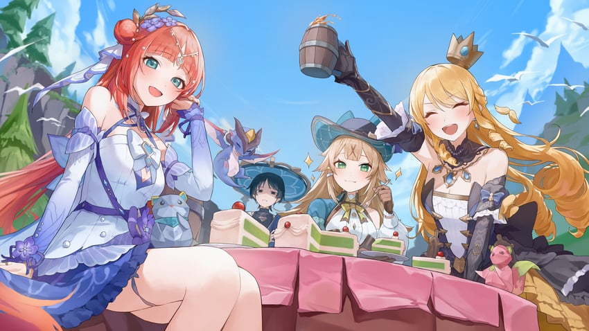 scaramouche, wanderer, navia, kirara, nilou, and 1 more (genshin impact) drawn by uohara_shinji