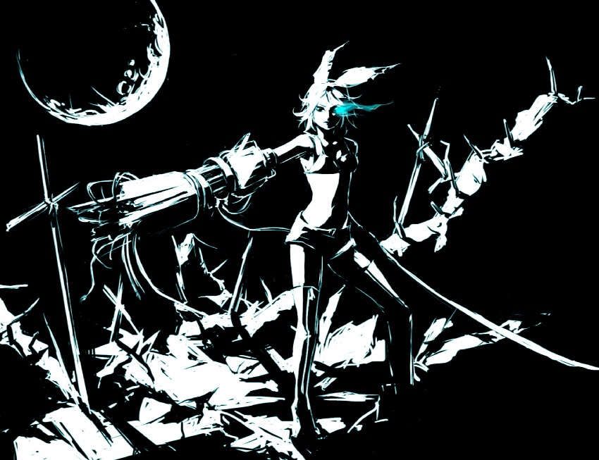 kagamine rin and black rock shooter (vocaloid and 1 more) drawn by senbei_(roof-lock)