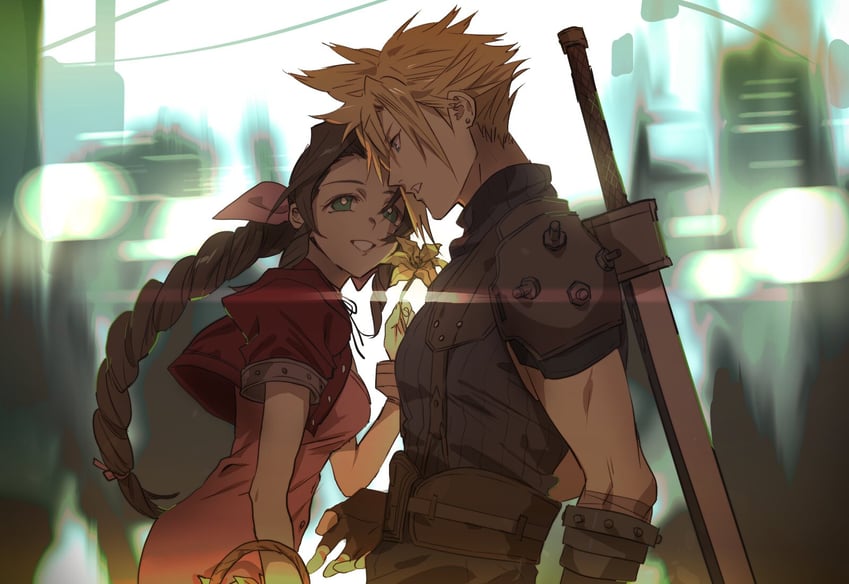 cloud strife and aerith gainsborough (final fantasy and 2 more) drawn by meameeea and mikuroron