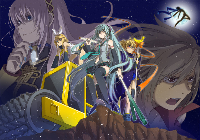 hatsune miku, kagamine rin, kagamine len, megurine luka, kaito, and 1 more (vocaloid and 2 more) drawn by hk