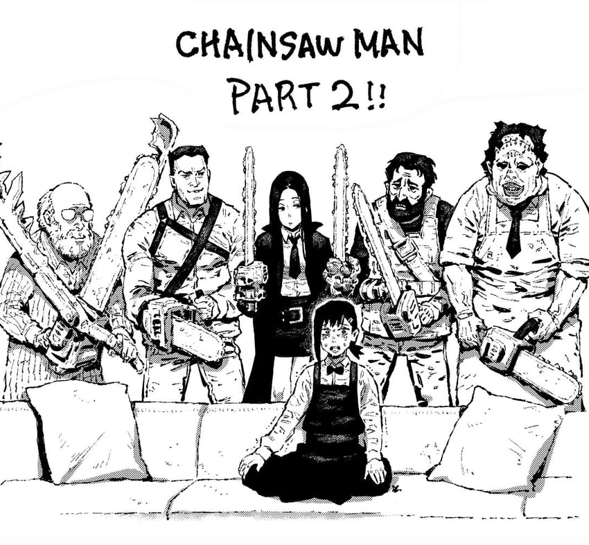 higashiyama kobeni, leatherface, ashley j williams, jack baker, red miller, and 1 more (chainsaw man and 6 more) drawn by ireading