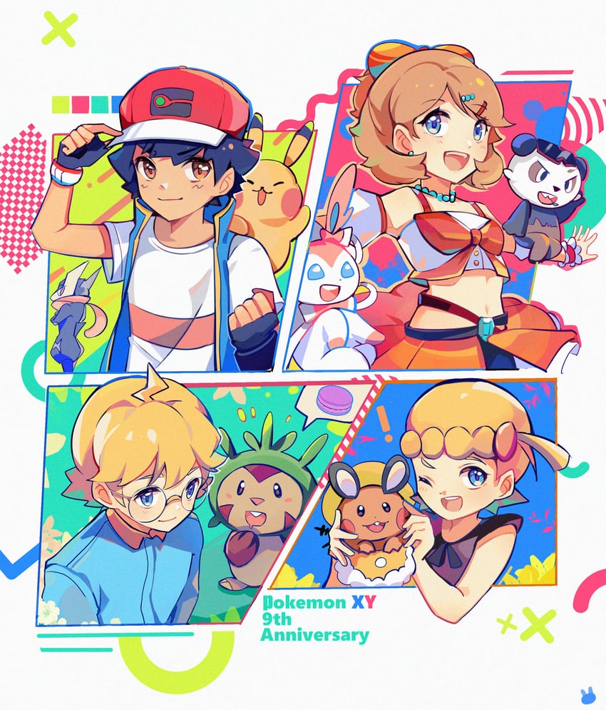 pikachu, ash ketchum, serena, sylveon, greninja, and 5 more (pokemon and 2 more) drawn by podayo_po