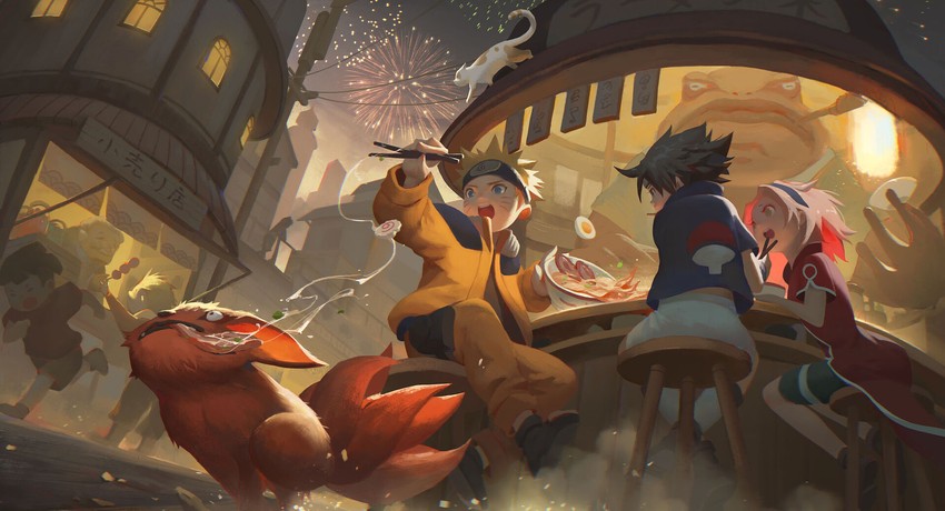 haruno sakura, uzumaki naruto, uchiha sasuke, kurama, and gamabunta (naruto) drawn by hanying_zao