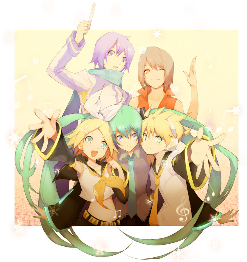 hatsune miku, kagamine rin, kagamine len, kaito, and meiko (vocaloid) drawn by tsujisaki_(coa3)