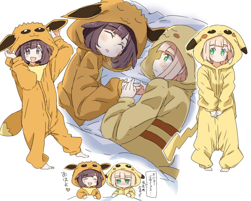 pikachu, lillie, eevee, and selene (pokemon and 1 more) drawn by naitou_kouse