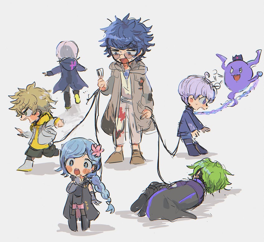 yuma kokohead, shinigami, halara nightmare, vivia twilight, desuhiko thunderbolt, and 2 more (master detective archives: rain code) drawn by nojiko_(natumag)