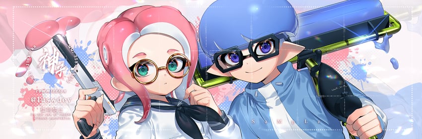 inkling player character, octoling player character, octoling girl, and inkling boy (splatoon and 1 more) drawn by jinkoika