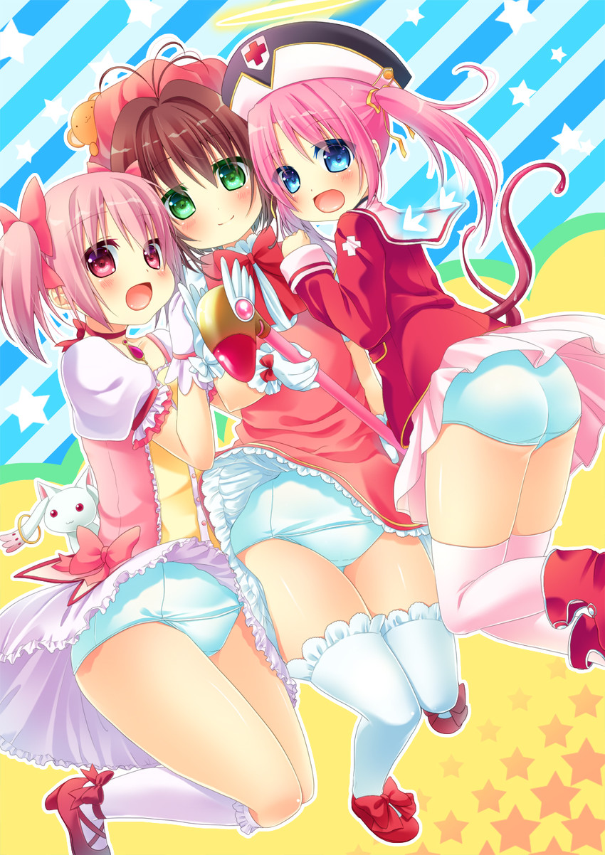 kaname madoka, kyubey, kinomoto sakura, and luvriel (mahou shoujo madoka magica and 2 more) drawn by hanamiya_natsuka
