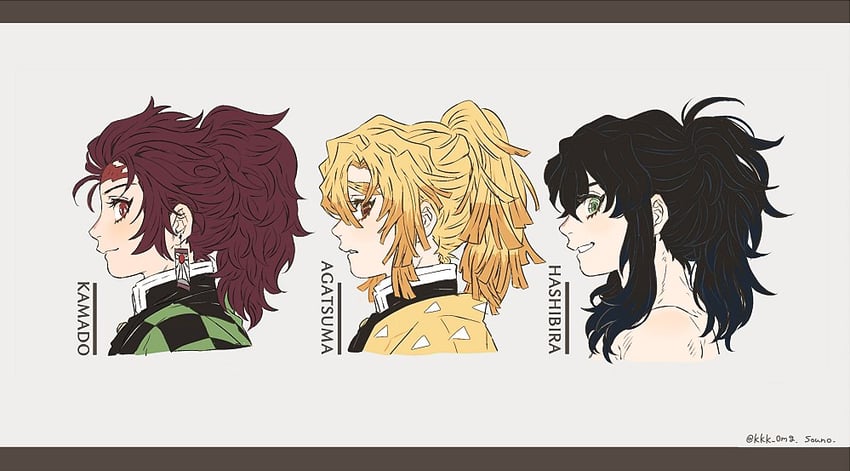 kamado tanjirou, agatsuma zenitsu, and hashibira inosuke (kimetsu no yaiba) drawn by kkk_0mg