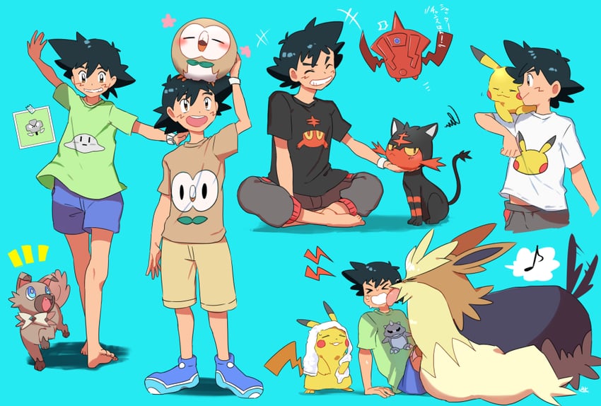pikachu, ash ketchum, rotom, rowlet, litten, and 6 more (pokemon and 1 more) drawn by pirohi_(pirohi214)