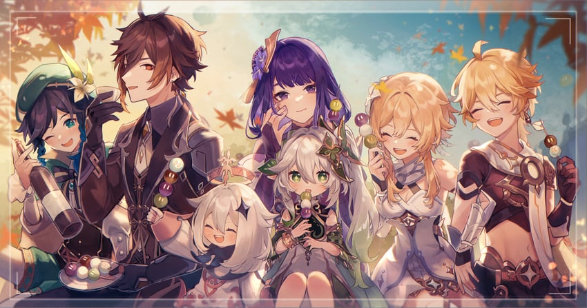 lumine, raiden shogun, aether, nahida, zhongli, and 3 more (genshin impact) drawn by kino_(m6t2a)