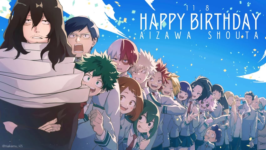 midoriya izuku, uraraka ochaco, bakugou katsuki, todoroki shoto, asui tsuyu, and 16 more (boku no hero academia) drawn by nakamu_405