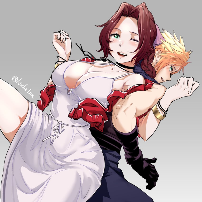 cloud strife and aerith gainsborough (final fantasy and 2 more) drawn by koda1ra