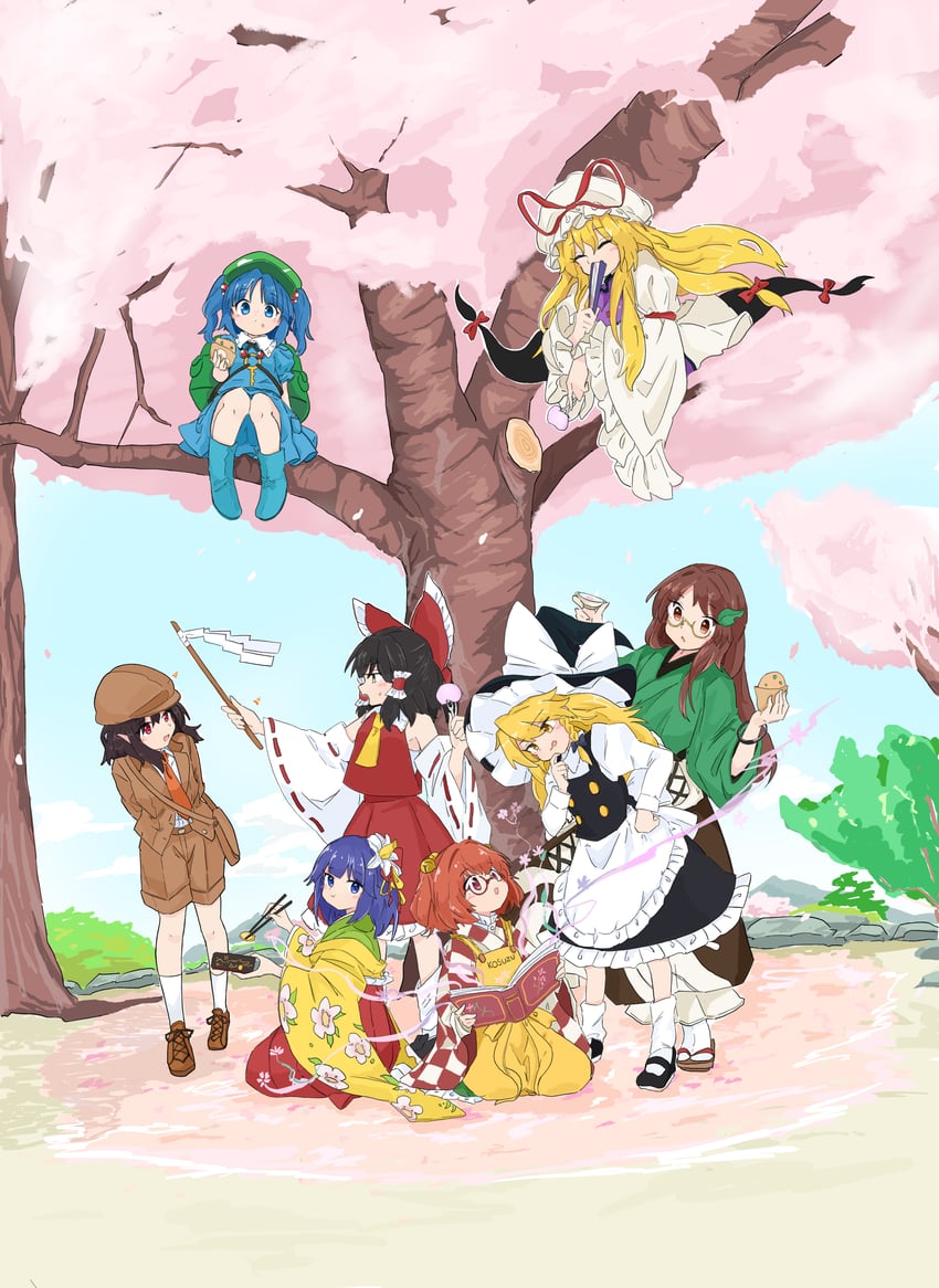 hakurei reimu, kirisame marisa, yakumo yukari, shameimaru aya, kawashiro nitori, and 3 more (touhou and 1 more) drawn by tatutaniyuuto