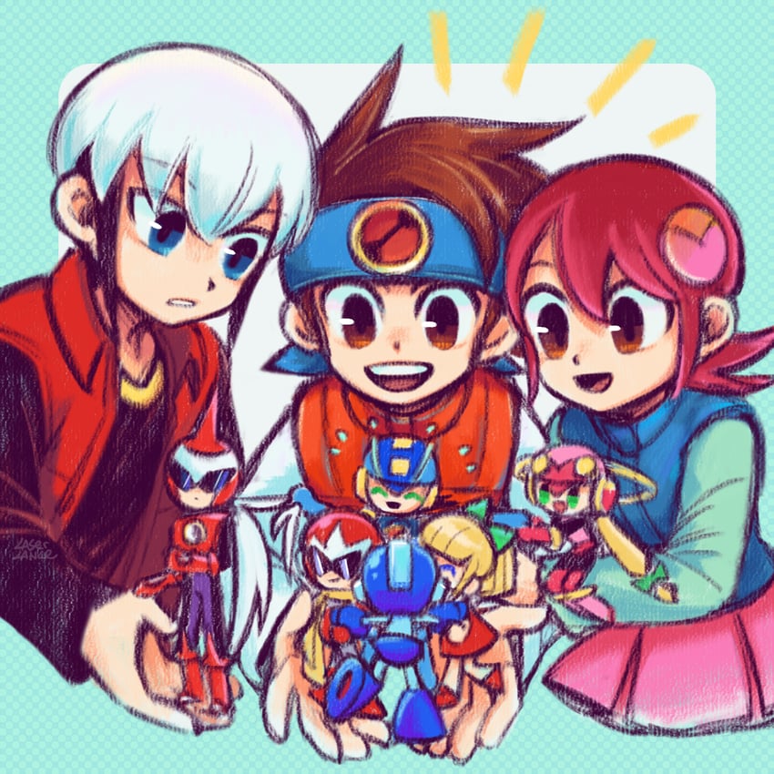 roll, mega man, megaman.exe, lan hikari, roll.exe, and 4 more (mega man and 1 more) drawn by laser-lance