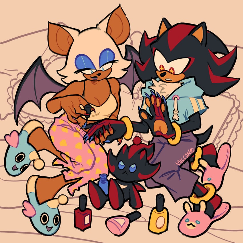 shadow the hedgehog, rouge the bat, dark chao, and shadow chao (sonic) drawn by vulcan_moon
