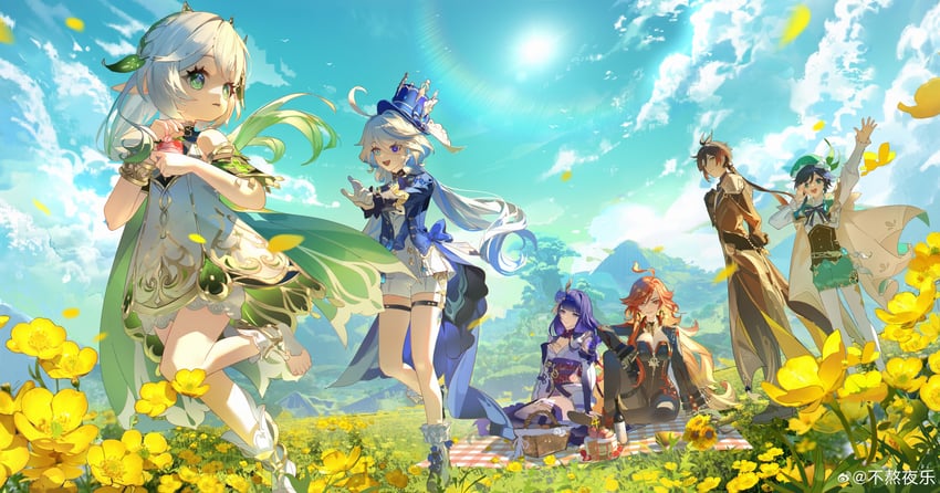 raiden shogun, furina, nahida, zhongli, venti, and 1 more (genshin impact) drawn by leleyoukuailele