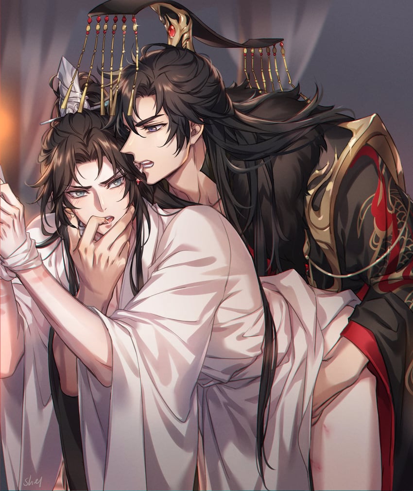 chu wanning, mo ran, and taxian-jun (erha he tadebai mao shizun) drawn by zehel_az