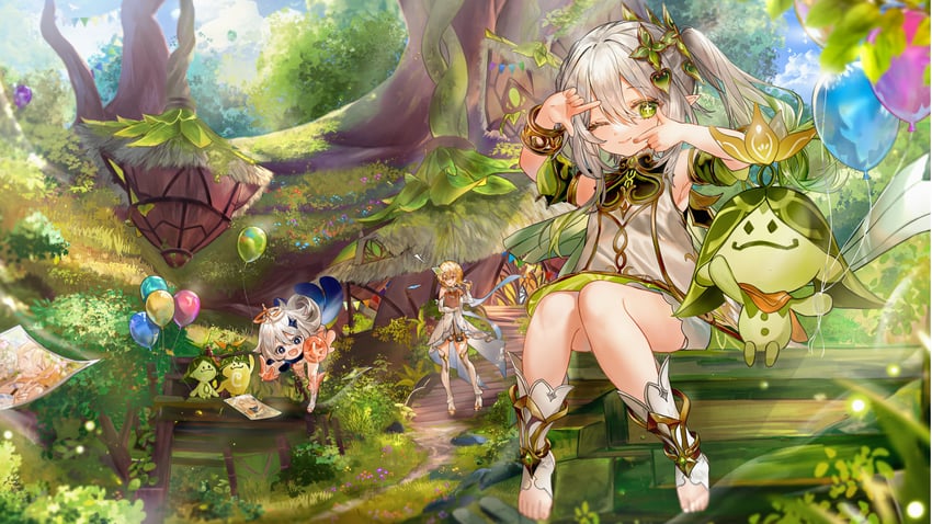 lumine, nahida, paimon, and aranara (genshin impact) drawn by utsuhostoria