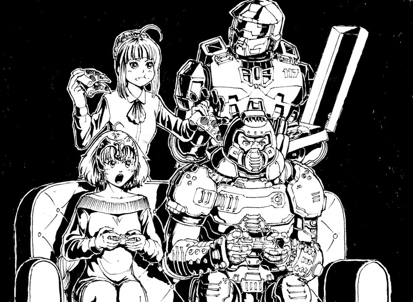 artoria pendragon, saber, jeanne d'arc, doomguy, and master chief (fate and 5 more) drawn by substance20