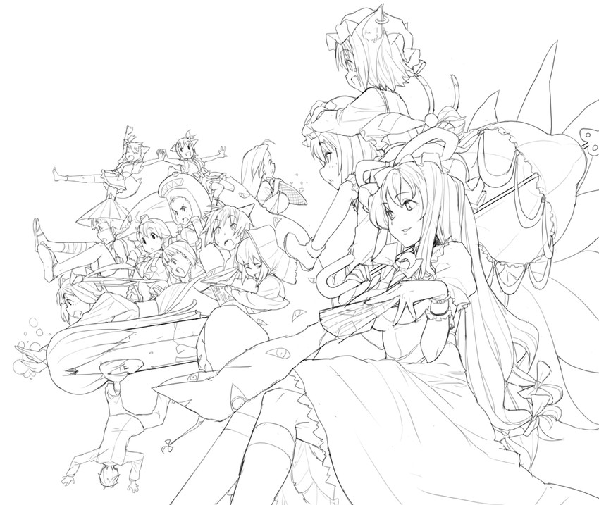 yakumo yukari, yakumo ran, chen, hoshii miki, kisaragi chihaya, and 9 more (touhou and 2 more) drawn by haruno_shuu