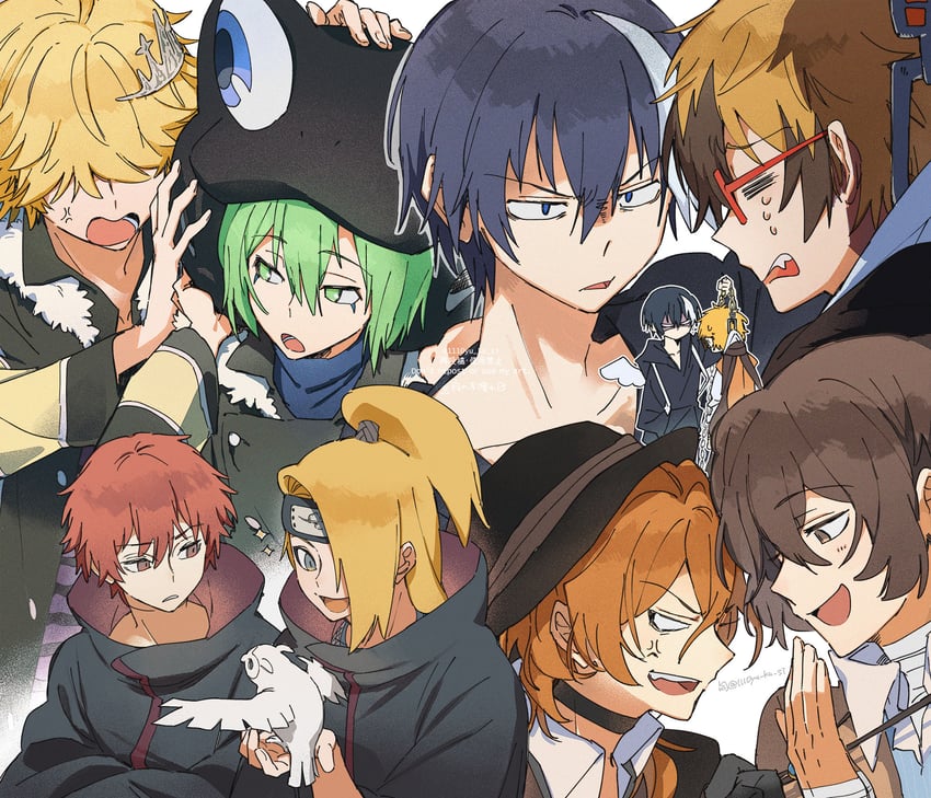 dazai osamu, deidara, sasori, nakahara chuuya, belphegor, and 3 more (naruto and 3 more) drawn by rinu