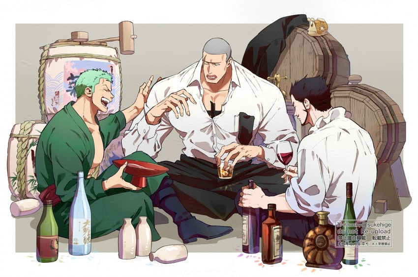 roronoa zoro, dracule mihawk, den den mushi, and daz bones (one piece) drawn by sukehige