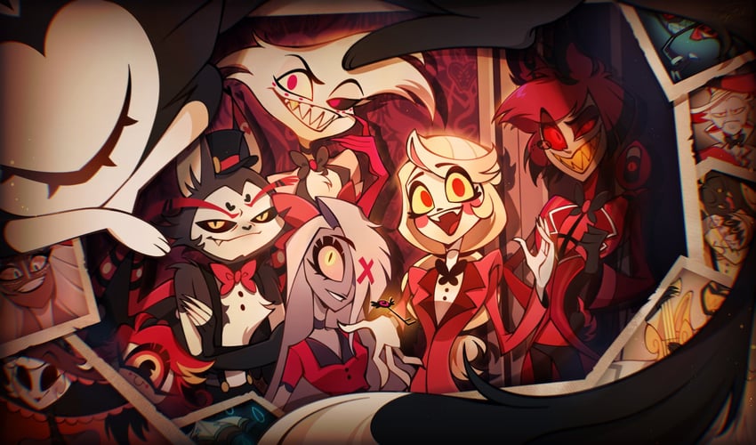 lucifer morningstar, charlie morningstar, alastor, vaggie, vox, and 9 more (hazbin hotel) drawn by fleshbd99