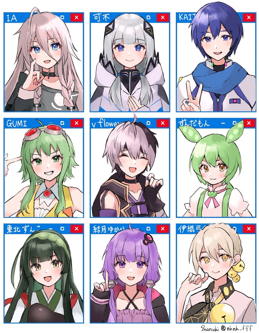 yuzuki yukari, kaito, gumi, ia, zundamon, and 4 more (vocaloid and 4 more) drawn by tananuki