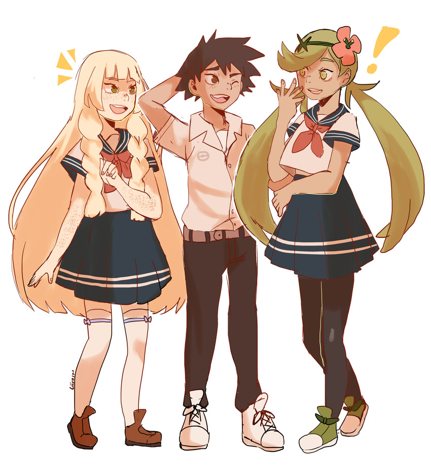 lillie, ash ketchum, and mallow (pokemon and 1 more) drawn by liivolt