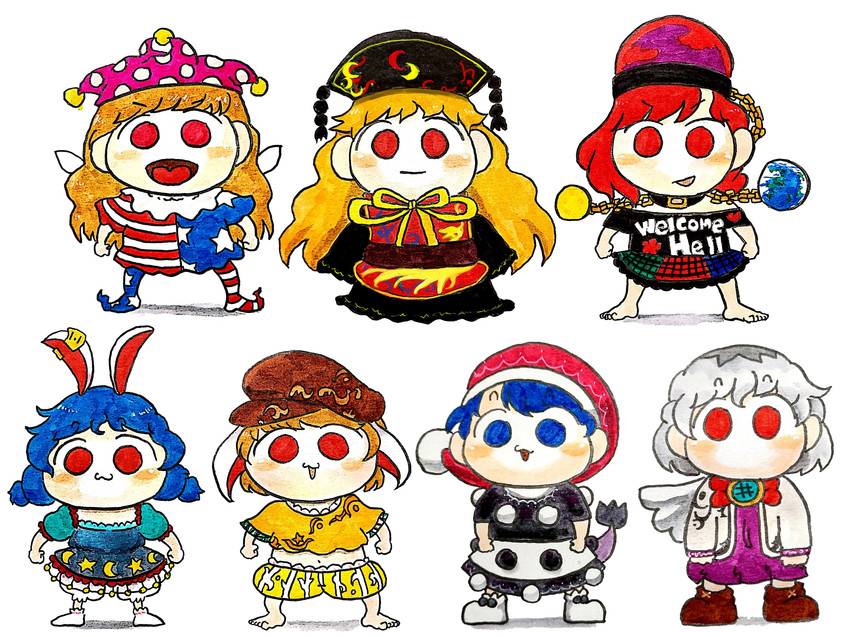 clownpiece, junko, hecatia lapislazuli, kishin sagume, doremy sweet, and 2 more (touhou and 1 more) drawn by taeshiru