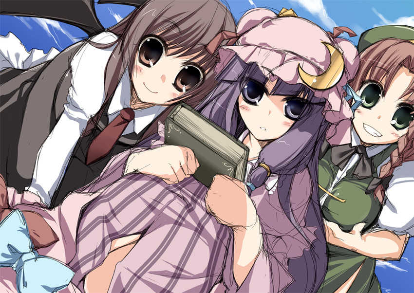 patchouli knowledge, hong meiling, and koakuma (touhou) drawn by amanooni_touri