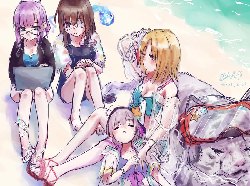 minase ichigo, hiiragi kozue, higuchi seika, minase sumomo, and byakko (heaven burns red) drawn by kurauchi_naya