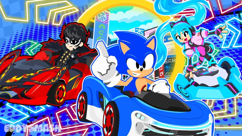 hatsune miku, sonic the hedgehog, amamiya ren, and joker (vocaloid and 4 more) drawn by eddysmash2407