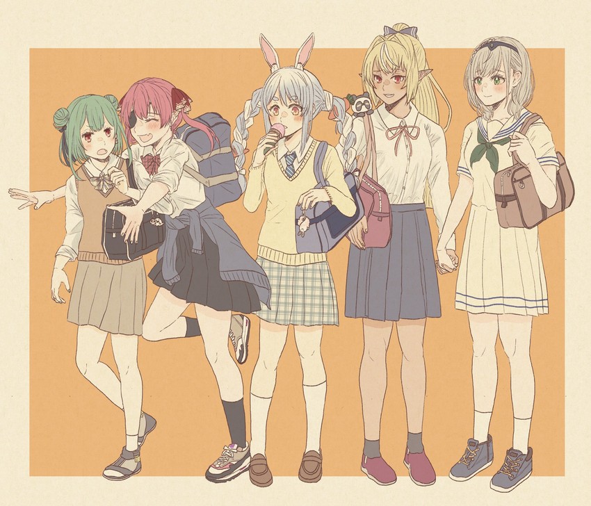 houshou marine, usada pekora, shirogane noel, uruha rushia, shiranui flare, and 1 more (hololive) drawn by sgws0