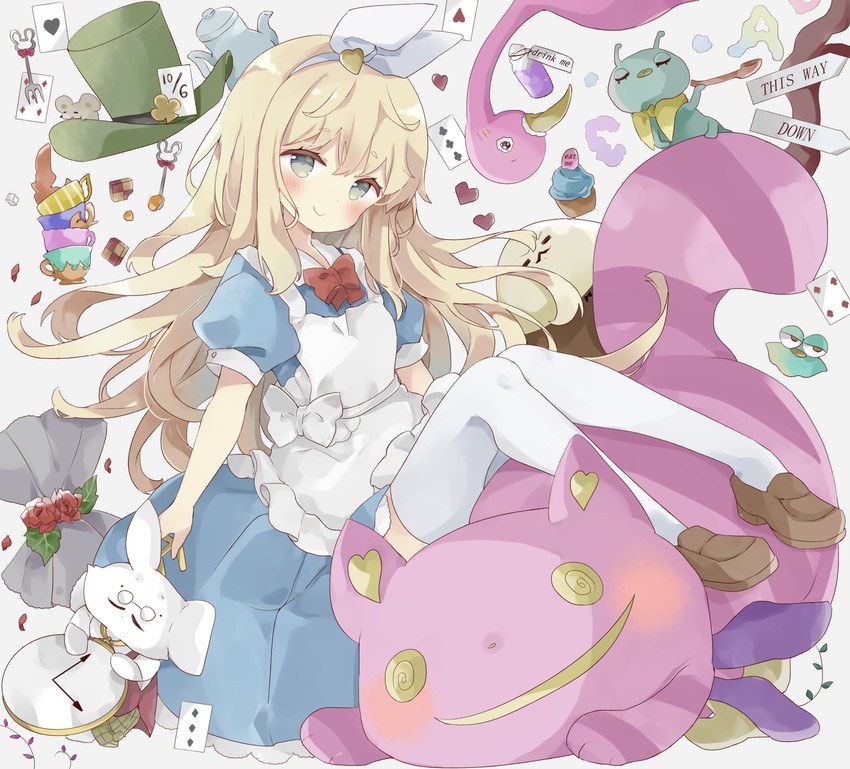 alice, white rabbit, cheshire cat, and mad hatter (alice's adventures in wonderland) drawn by tsukiyo_(skymint)