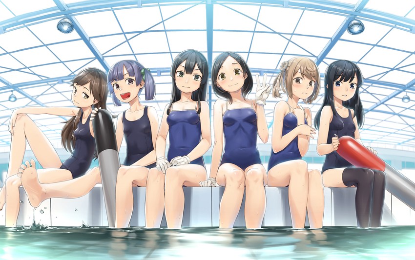 asashio, michishio, kuroshio, arashio, oyashio, and 1 more (kantai collection) drawn by heibonkaeru