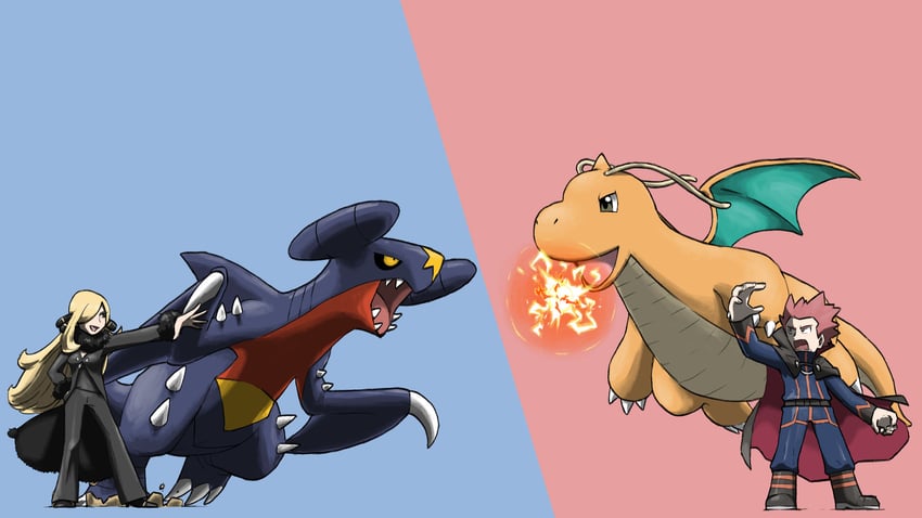 cynthia, garchomp, dragonite, and lance (pokemon and 2 more) drawn by blacknirrow