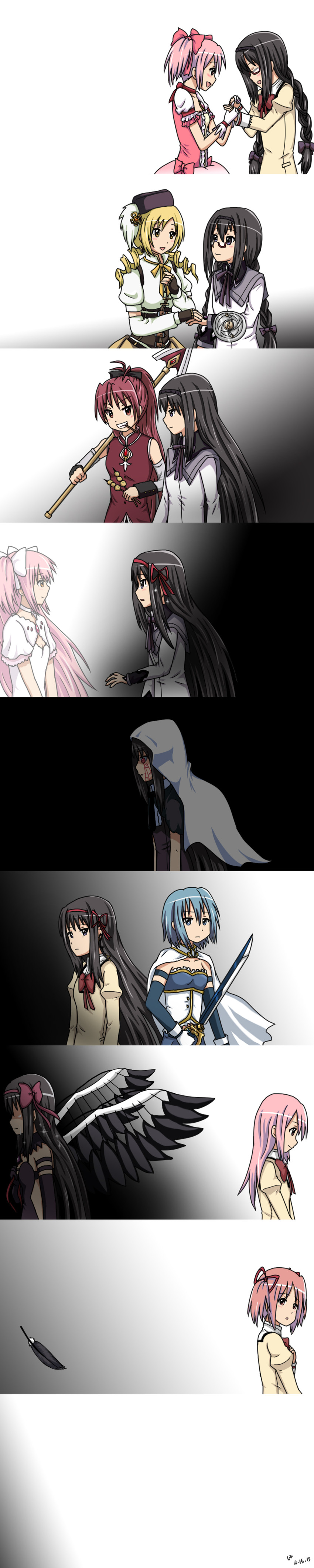 akemi homura, kaname madoka, miki sayaka, sakura kyoko, tomoe mami, and 2 more (mahou shoujo madoka magica and 1 more) drawn by nekomei