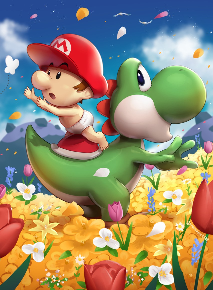 mario, yoshi, baby mario, and goonie (mario and 1 more) drawn by gonzarez