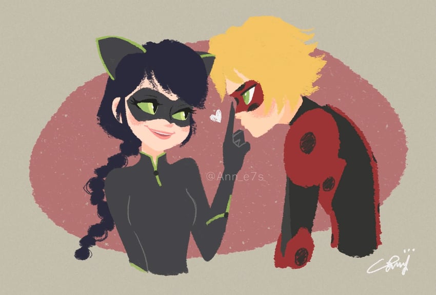 marinette dupain-cheng, adrien agreste, lady noir, and misterbug (miraculous ladybug) drawn by ann_e7s