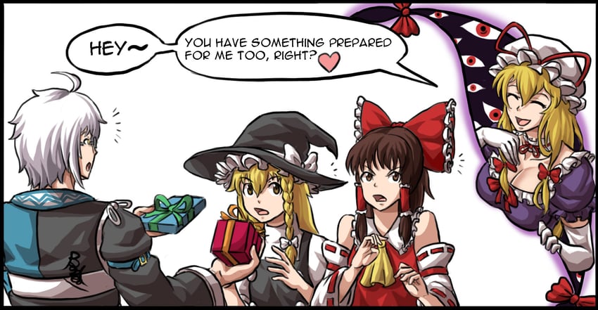 hakurei reimu, kirisame marisa, and morichika rinnosuke (touhou) drawn by buhbuhbored