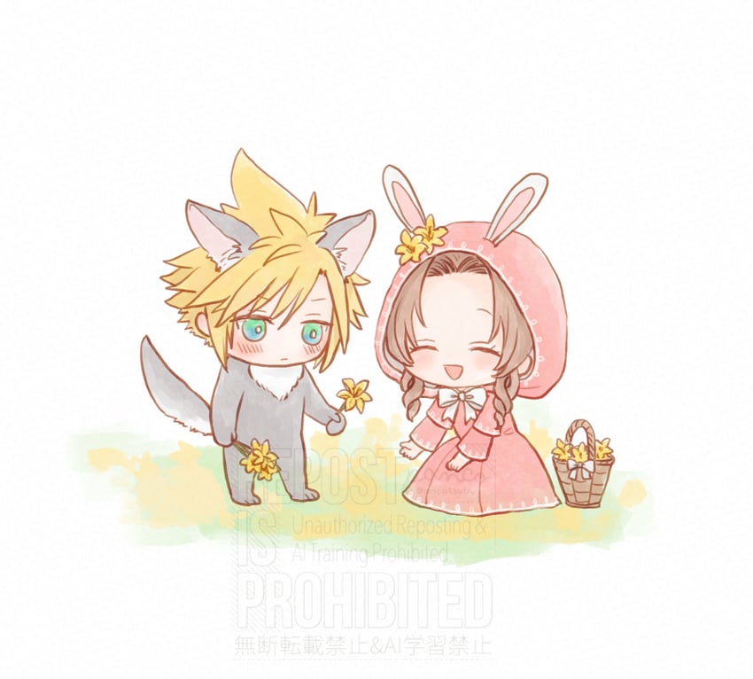 cloud strife, aerith gainsborough, and tonberry (final fantasy and 2 more) drawn by ancotsubu