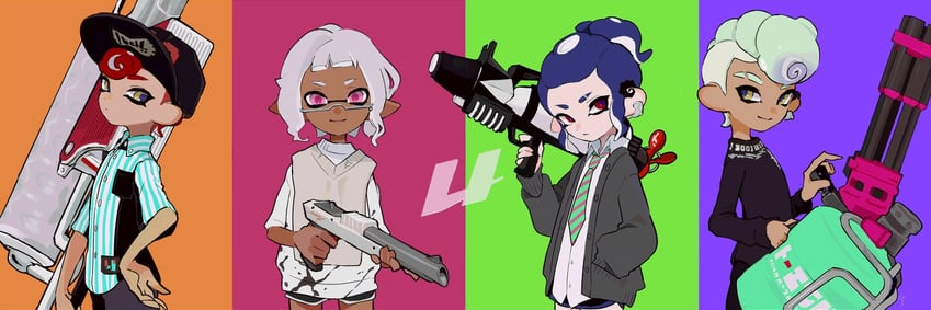 inkling player character, inkling girl, octoling player character, octoling girl, and octoling boy (splatoon) drawn by imaikuy0