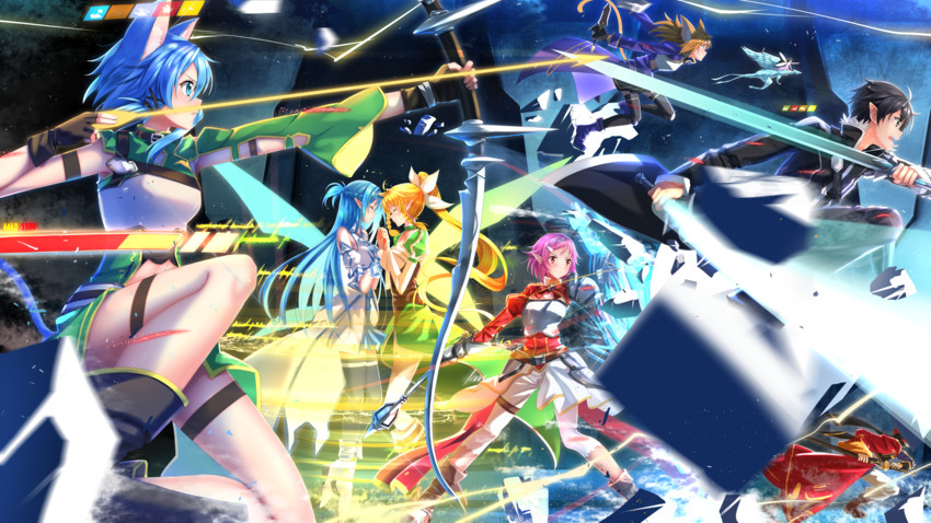 asuna, kirito, sinon, leafa, silica, and 4 more (sword art online) drawn by swordsouls