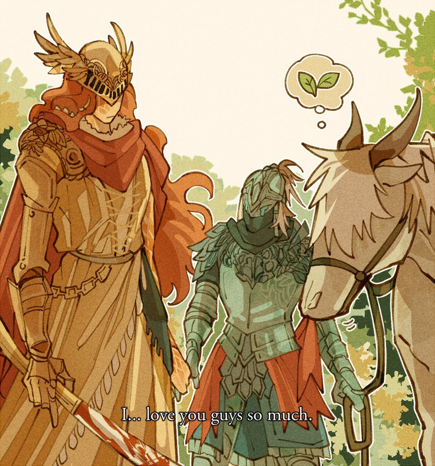 malenia blade of miquella, tarnished, bloody wolf, and torrent (elden ring) drawn by drenched-in-sunlight
