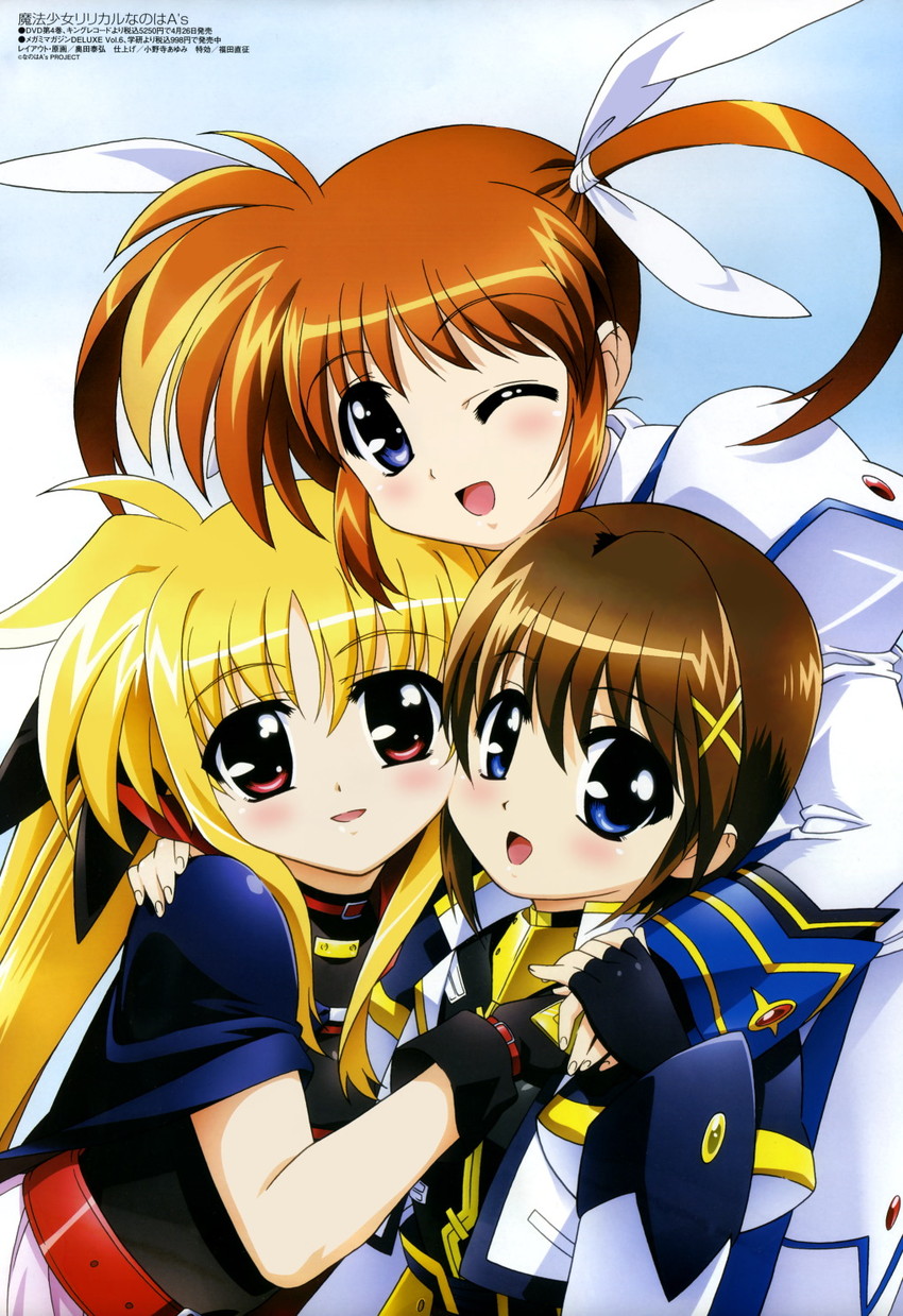 fate testarossa, takamachi nanoha, and yagami hayate (lyrical nanoha and 2 more) drawn by okuda_yasuhiro