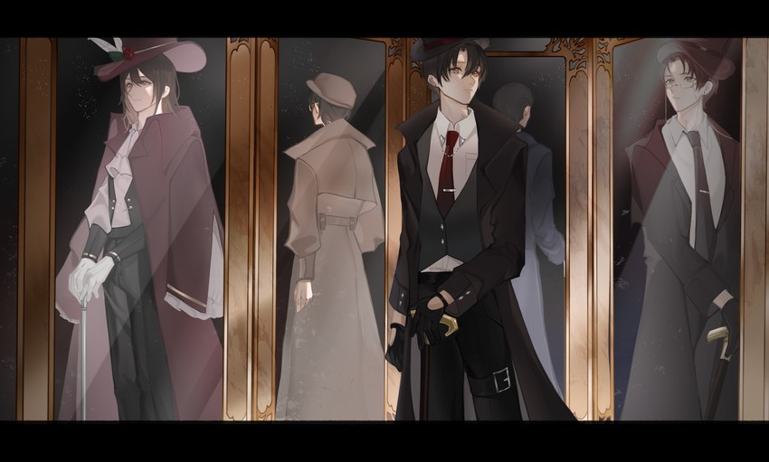 klein moretti, gehrman sparrow, merlin hermes, sherlock moriarty, and dwayne dantes (lord of the mysteries) drawn by nobiw